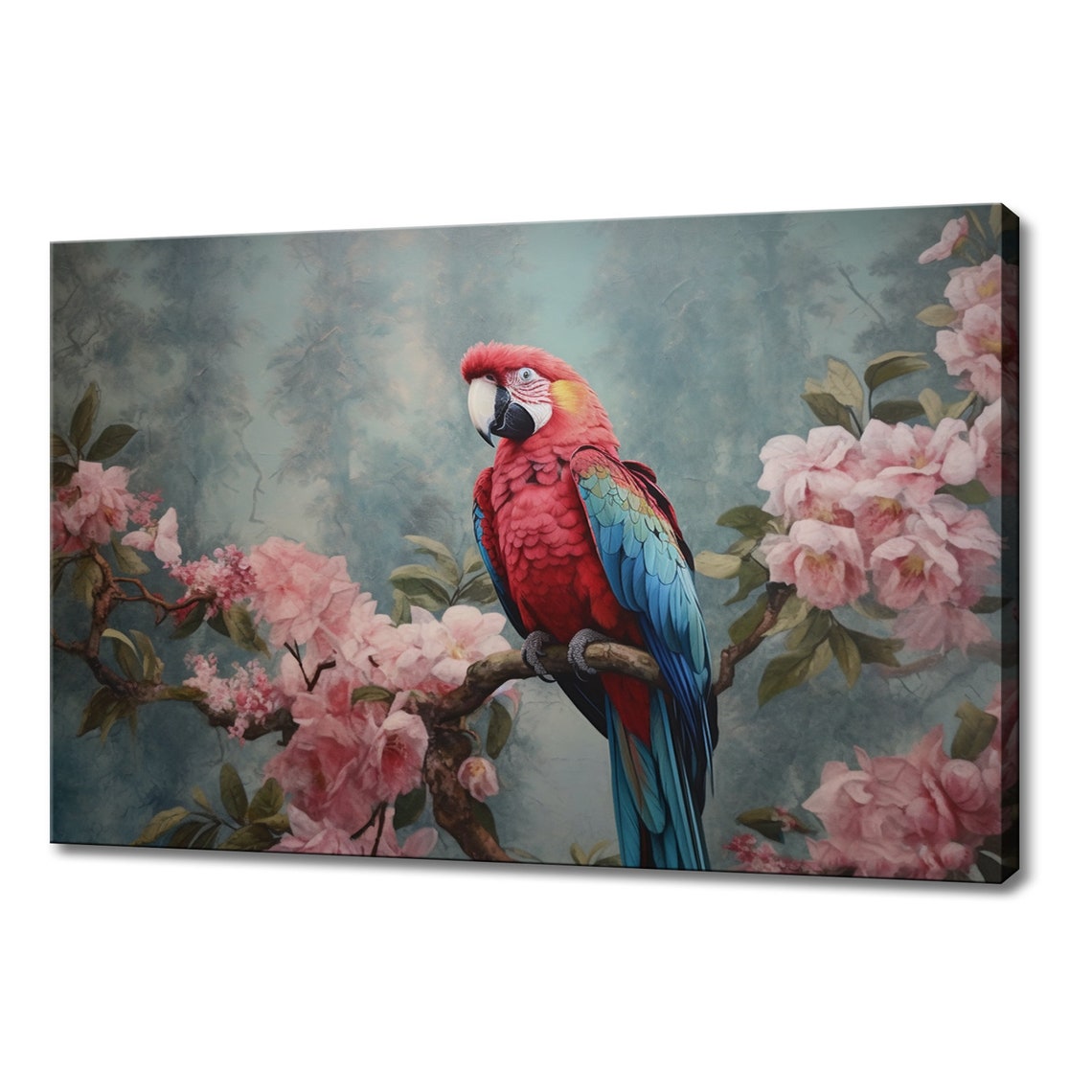 Scarlet Macaw Red Turquoise Wings Blossom Branch Misty Art Poster