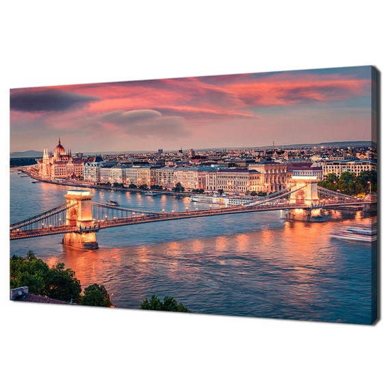 Parliament And Chain Bridge Pink Sunset In Pest City Hungary Modern Design Print Wall Art Picture