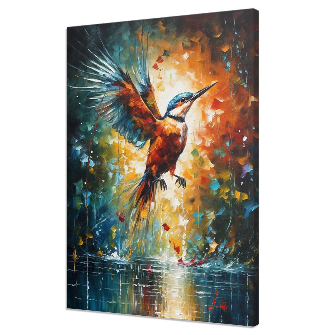 Common Kingfisher Taking Flight Palette Knife Colorful Bird Art Poster