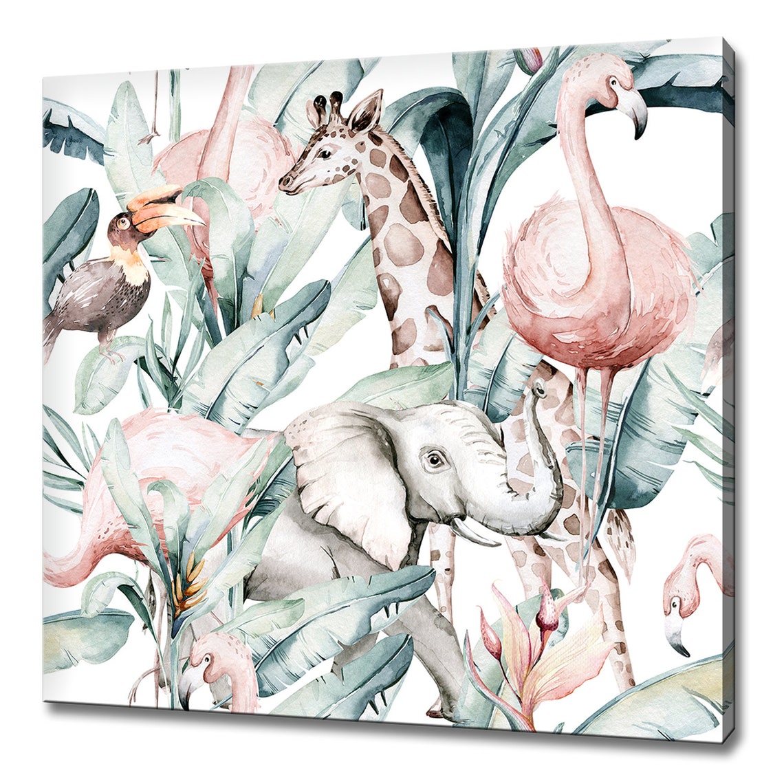 Pastel Tropical Leaves African Animals Elephant Giraffe Flamingo Print
