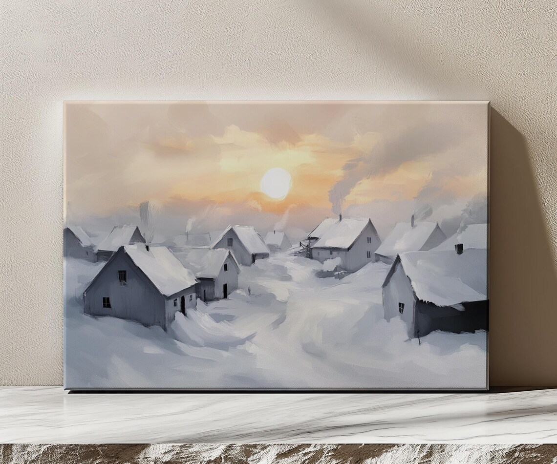 Snowy Village At Sunrise Winter Painting Cozy Cottages Print - Image 3