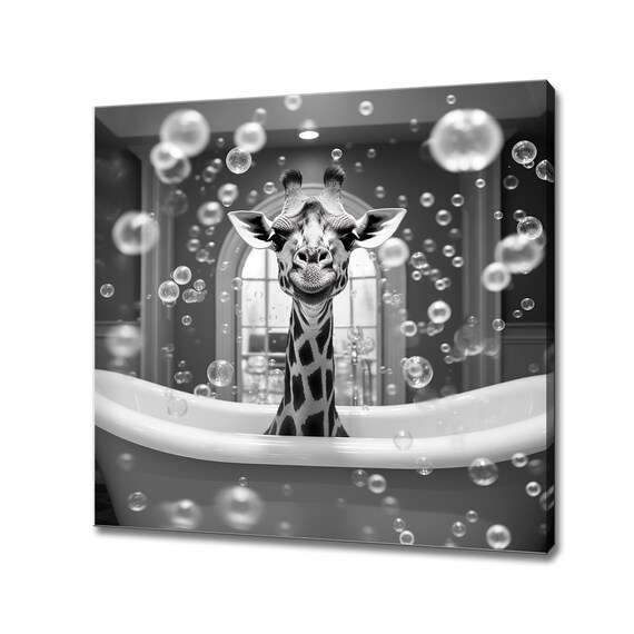 Cute Giraffe In A Bubble Bath Black And White Nursery Art Print