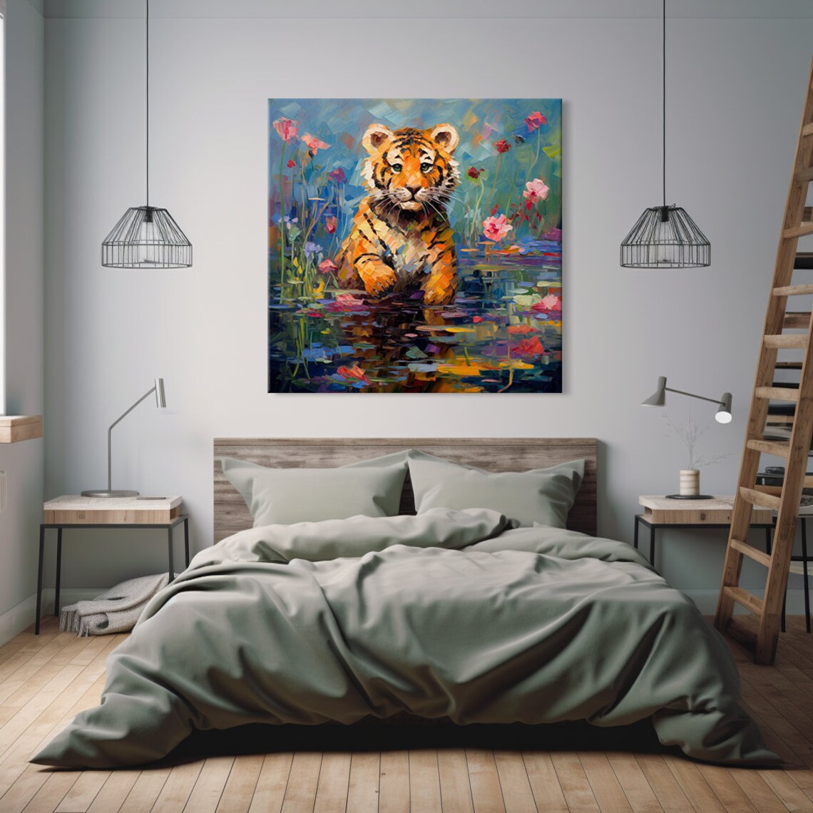 Tiger Cub Wading In Lily Pond Pink Blossoms Colorful Painting Poster - Image 3