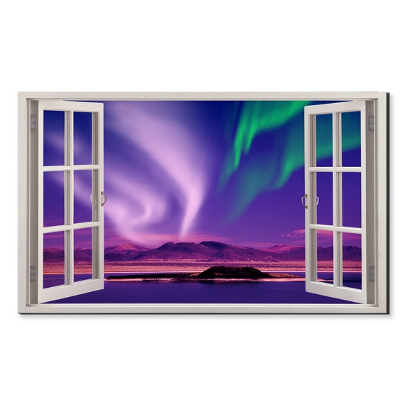 Northern Lights Aurora Borealis Night Window View Window Frame Style Modern Design Home Decor Print Wall Art Picture Ready To Hang