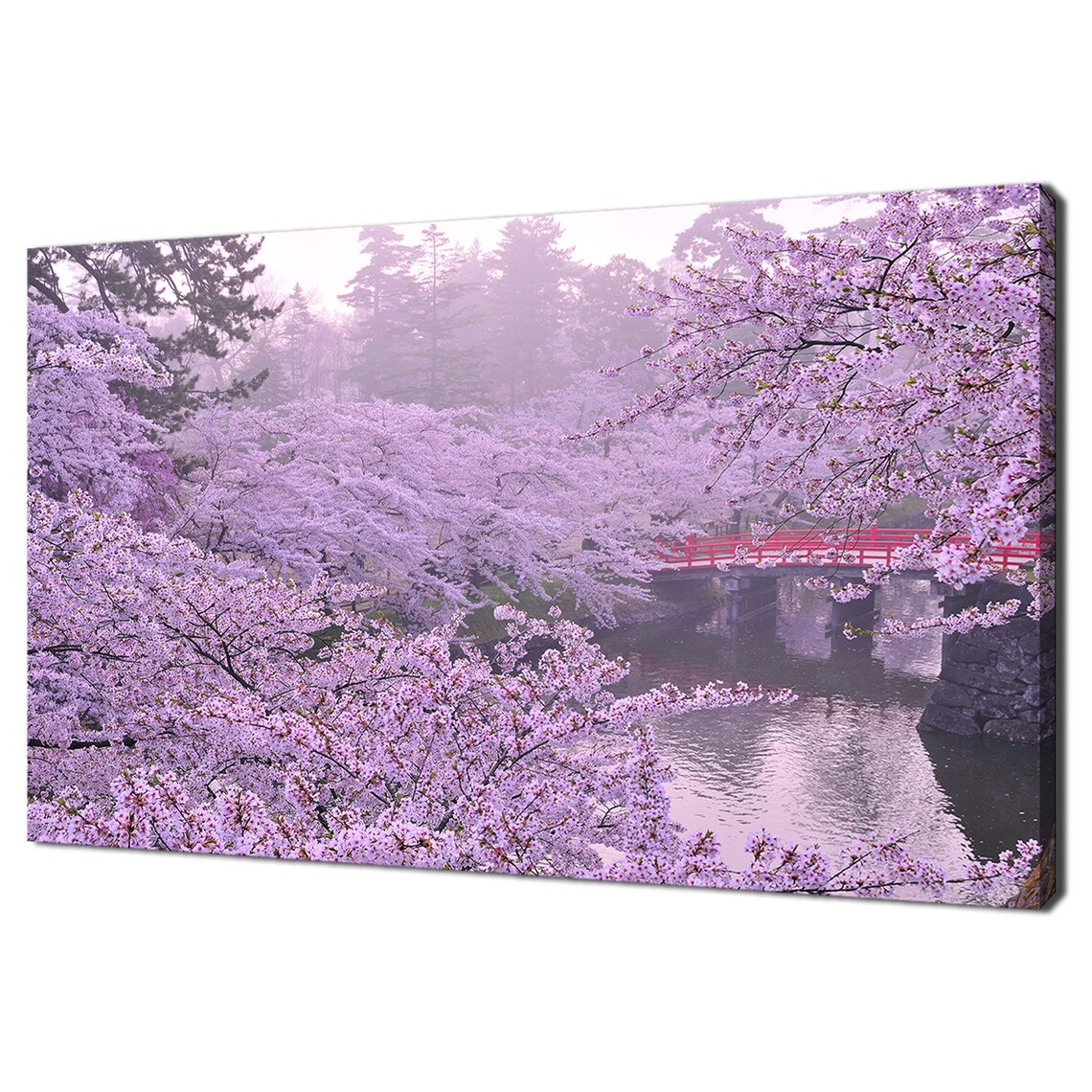 Japanese Garden Cherry Blossom Red Bridge Pond Pink Sakura Wall Art