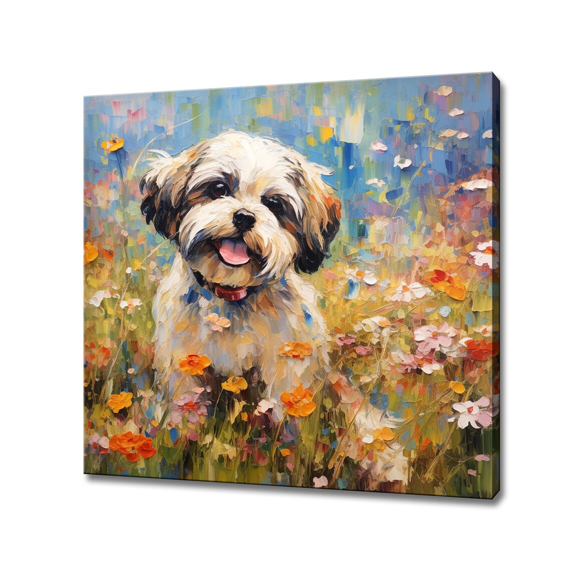 Happy Shih Tzu Puppy in Colorful Wildflower Meadow Painting Art Print