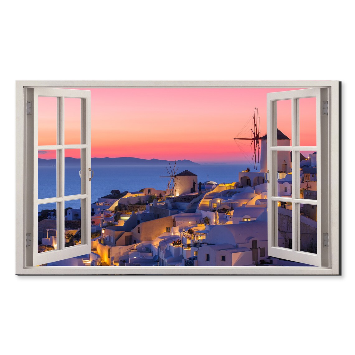 Santorini Sunset Window View, Modern Travel Poster