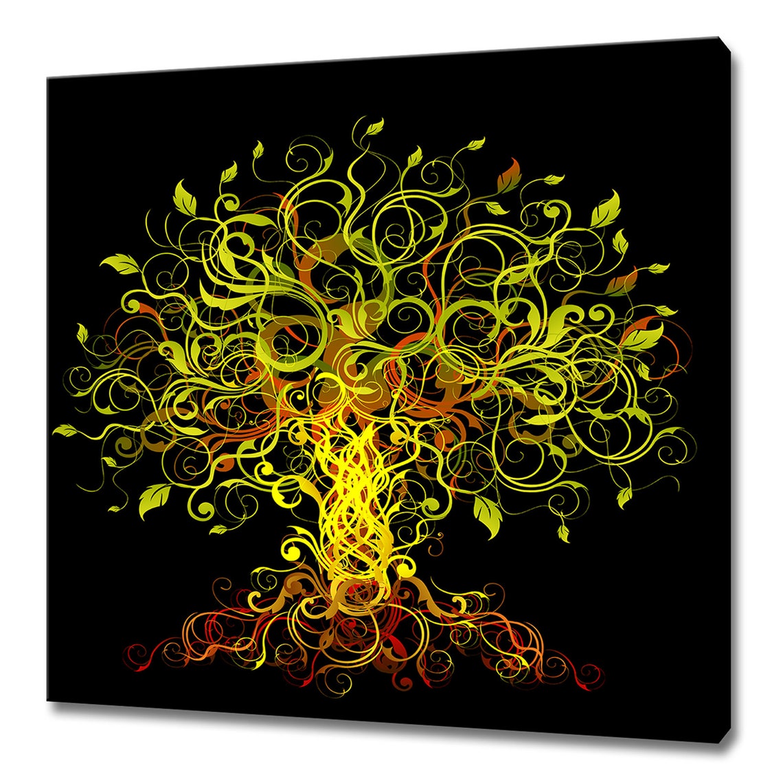 Abstract Lime Green Swirl Tree Black Background Neon Modern Wall Art