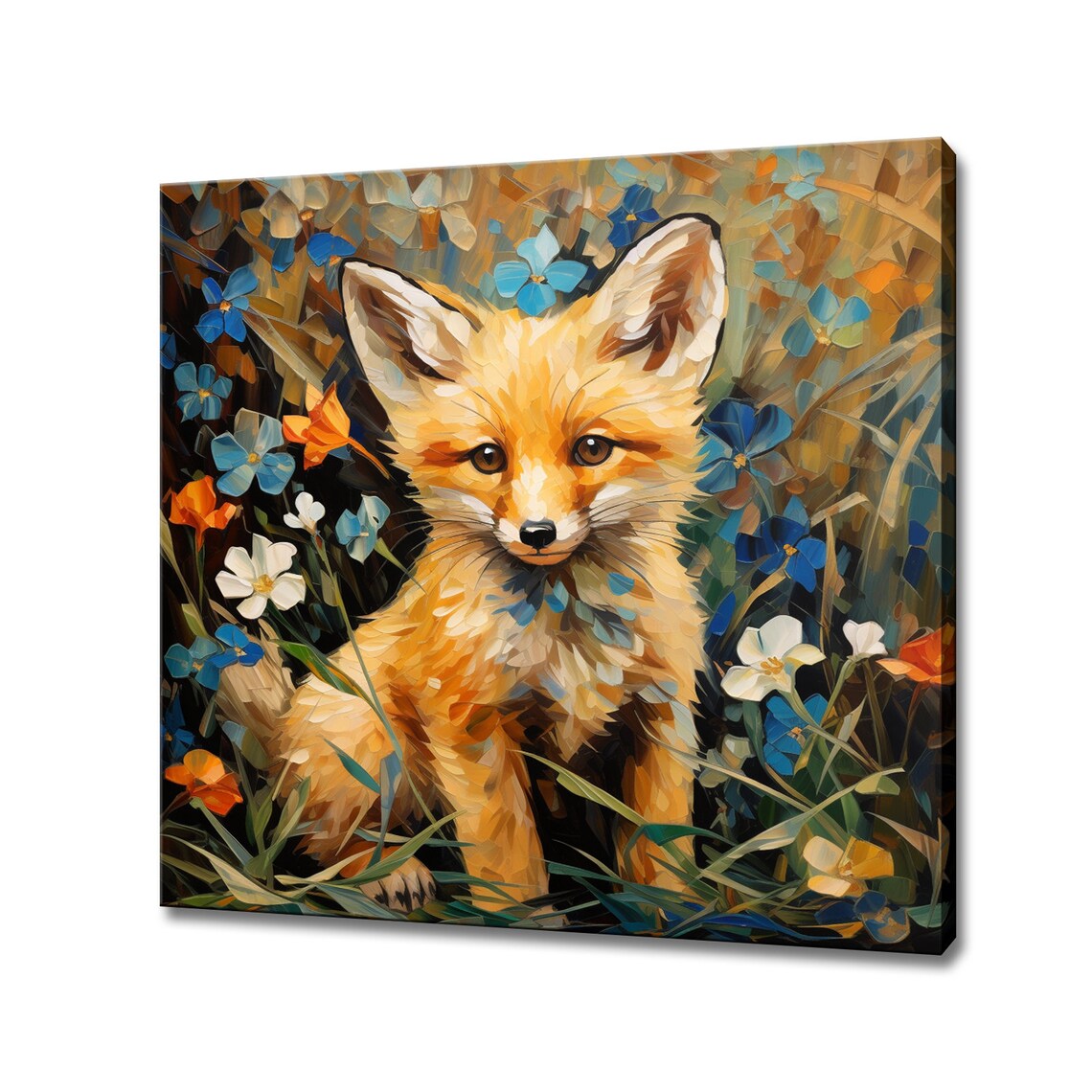 Cute Baby Fox Cub Portrait Among Wildflowers Painting Poster