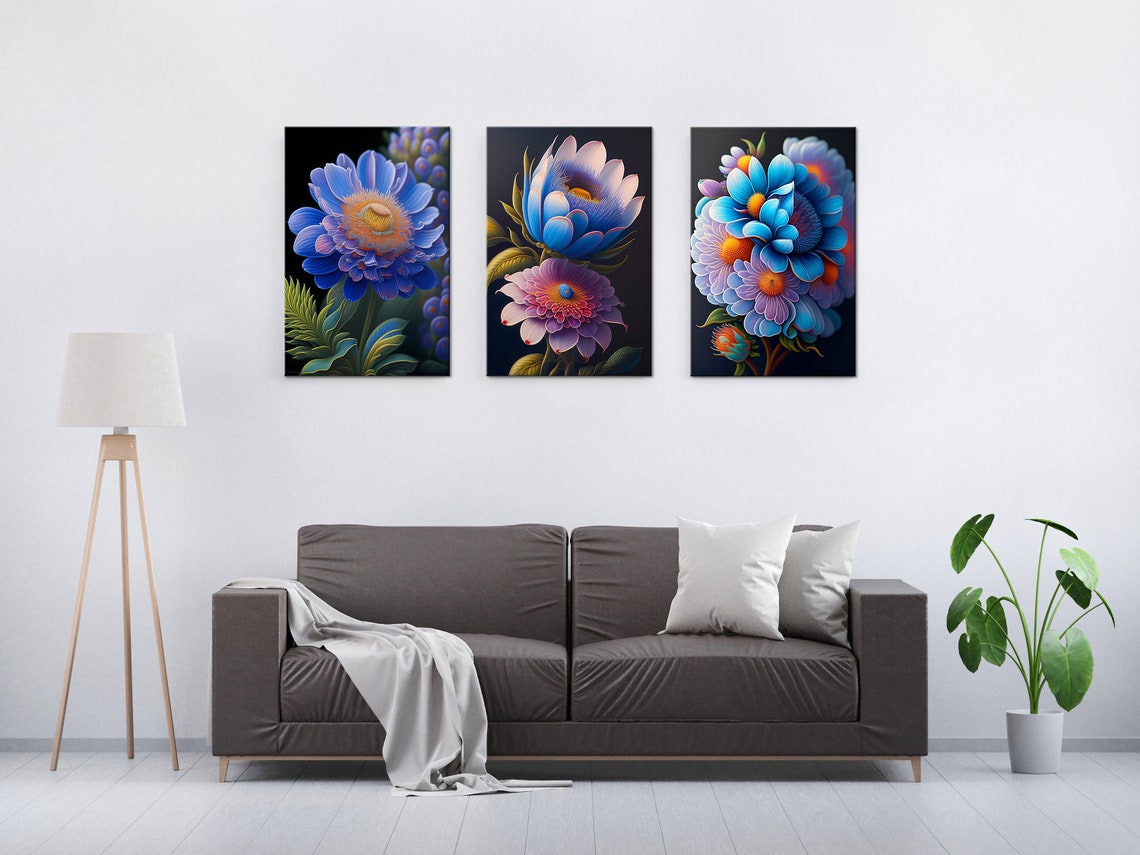 Blue Pink Flower Trio Panels Modern Floral Canvas Wall Art Poster - Image 2