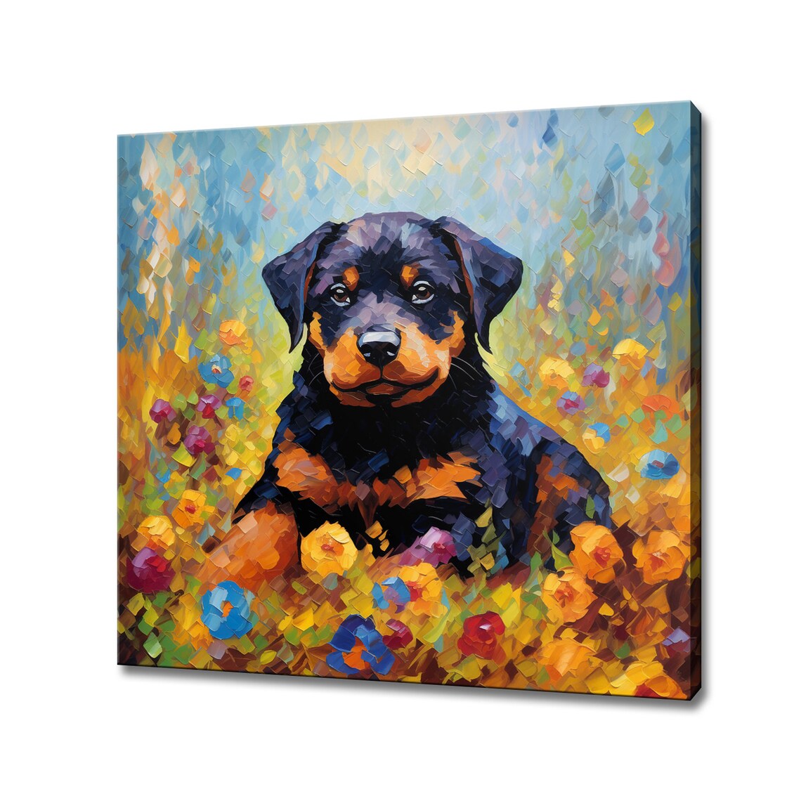 Rottweiler Puppy In Flower Meadow Colorful Mosaic Painting Poster