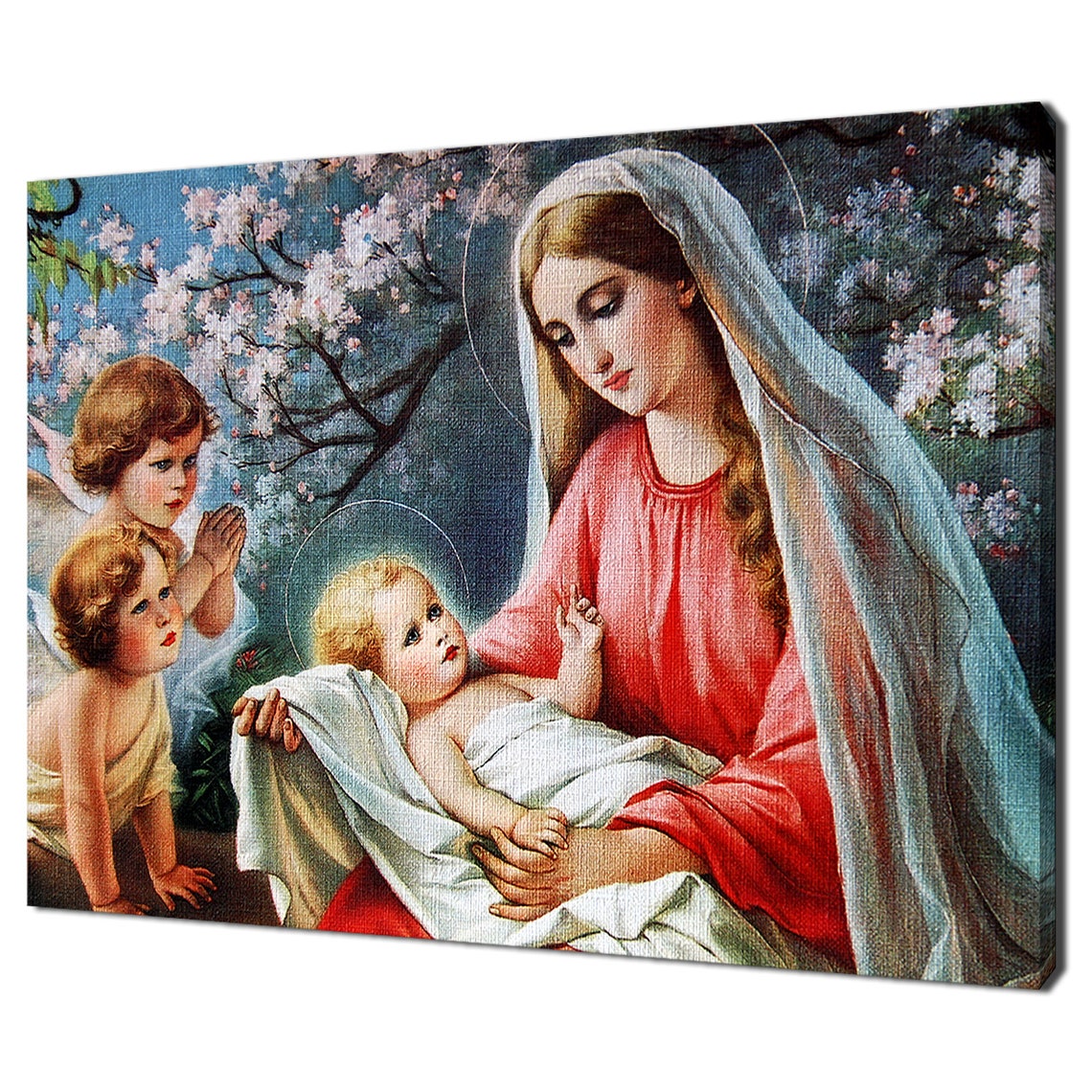 Blessed Virgin Mary Holding Baby Jesus With Angels Religious Poster