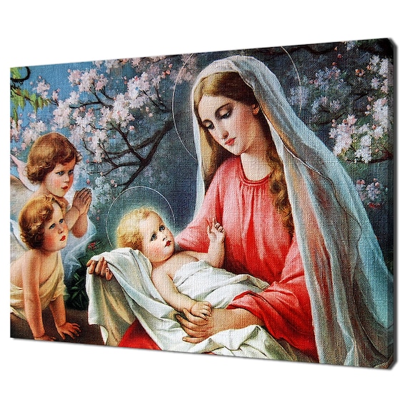 Blessed Virgin Mary Holding Baby Jesus With Angels Religious Poster