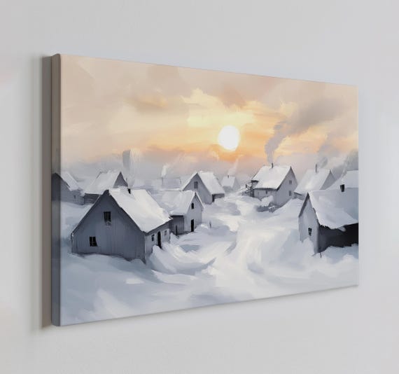 Village In Snowy Winter At Sunrise Vintage Painting Style Print Farmhouse Decor Art Winter Scenery Picture Wall Hanging