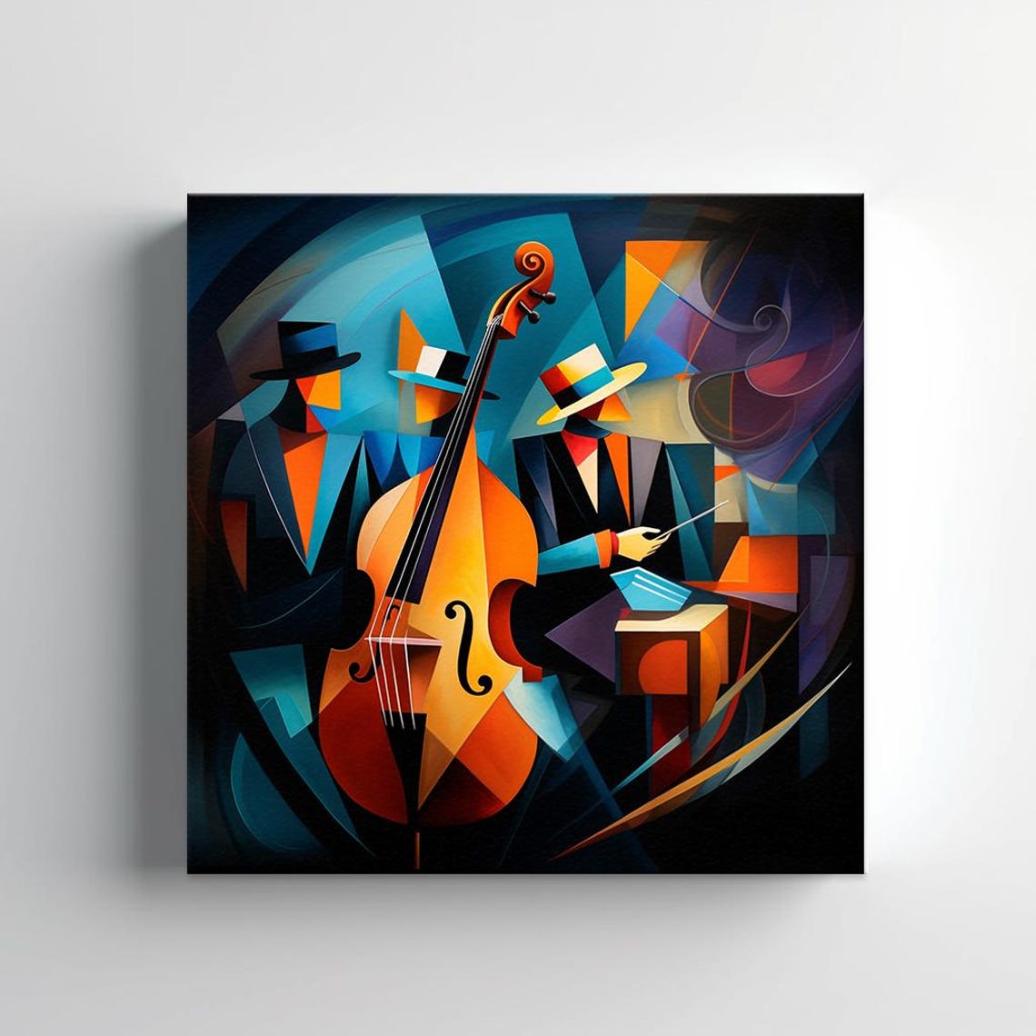 Cubist Jazz Double Bass Player Drums Blue Orange Abstract Music Poster - Image 2