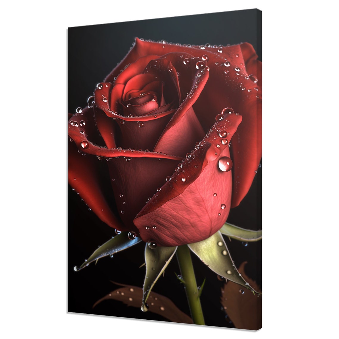 Red Rose With Water Drops On Dark Background Close Up Floral Wall Art