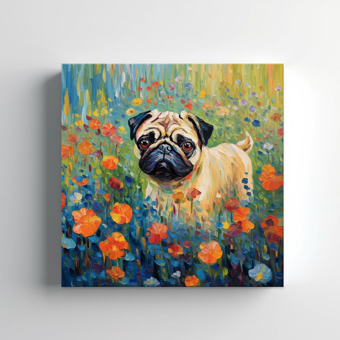 Cute Pug Dog In Flowers Field Animal Print Gift For Pug Dog Lover Colourful Dog Portrait Painting Print Dog Pet Wall Art - Image 4