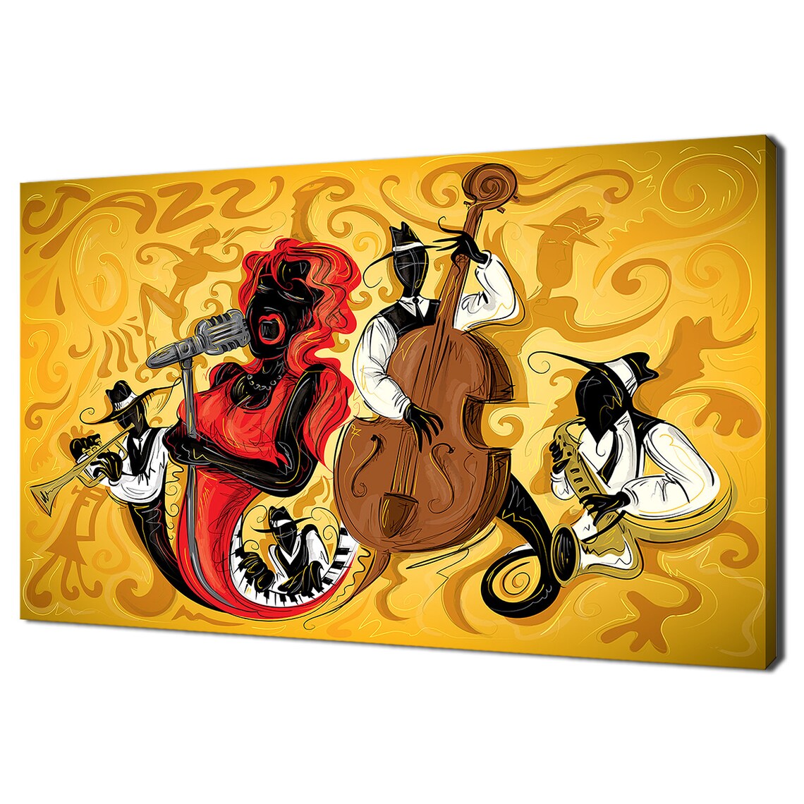 Colorful Jazz Band Singer Double Bass Golden Music Illustration Poster