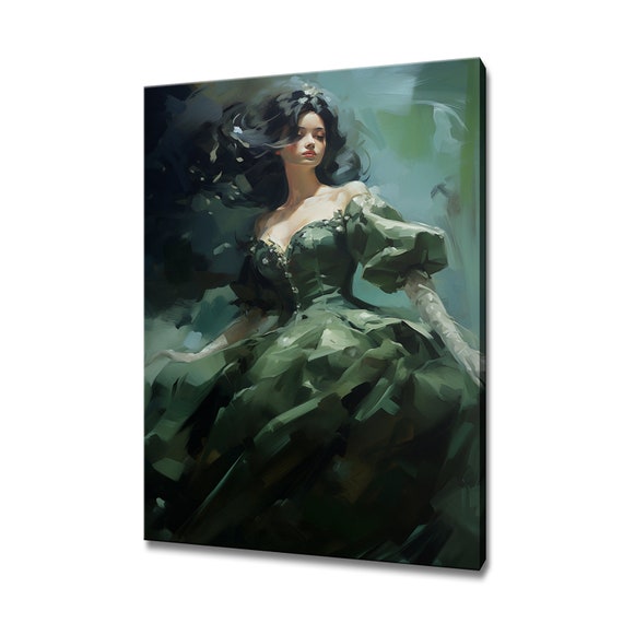 Elegant Lady In Sage Green Victorian Baroque Puffy Dress Painting Style Print Gift For Her Modern Home Decor Fashion Wall Art