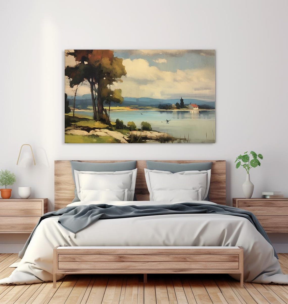 Cottage By The Lake Spring Trees Shore Ducks Vintage Painting Poster - Image 4