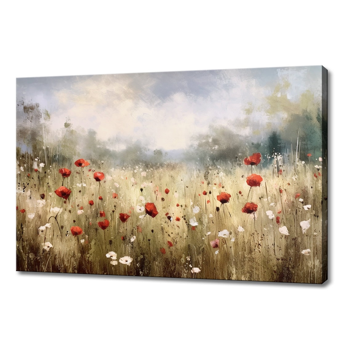 Red Poppies Flowers Meadow Countryside Vintage Painting Style Print Farmhouse Decor Art Nature Picture Wall Hanging Fine Art Print