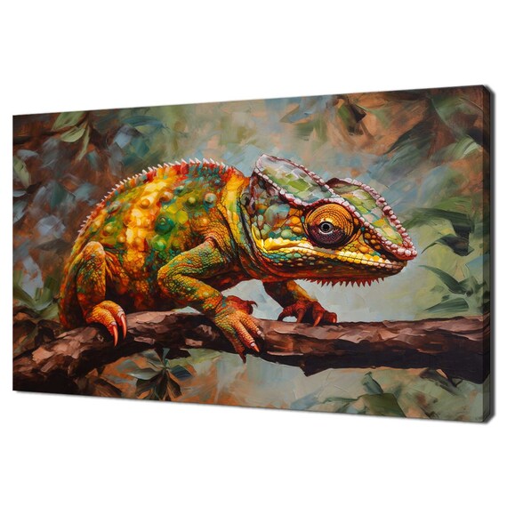 Colourful Chameleon Sitting On The Tree Branch Animal Modern Painting Design Home Decor Print Wall Art Picture