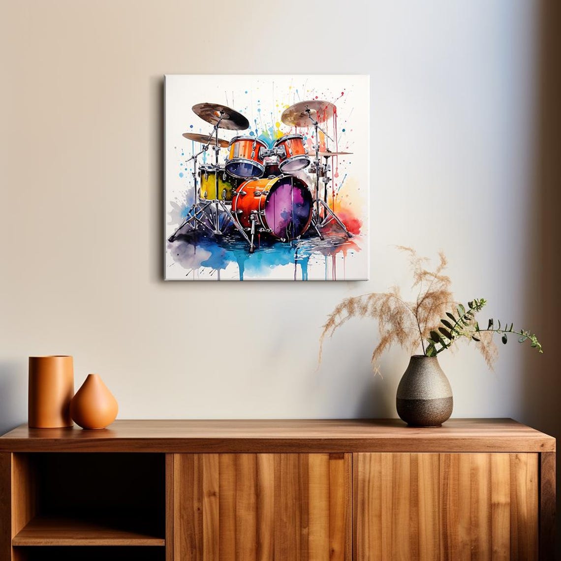 Purple Orange Drum Kit Watercolor Splash Drums Music Lover Art Poster - Image 2