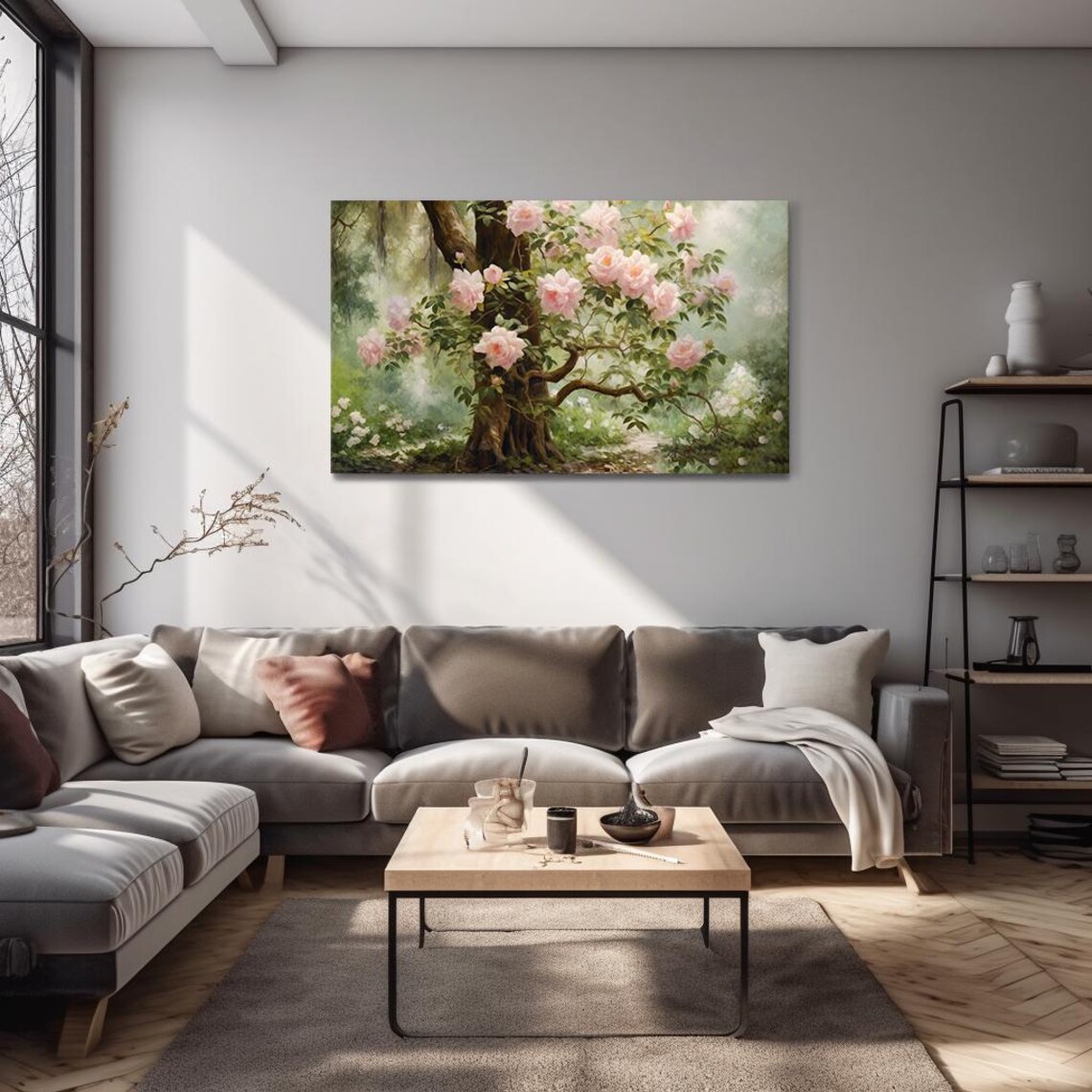 Pink Roses Climbing Tree Misty Garden Vintage Floral Painting Poster - Image 4