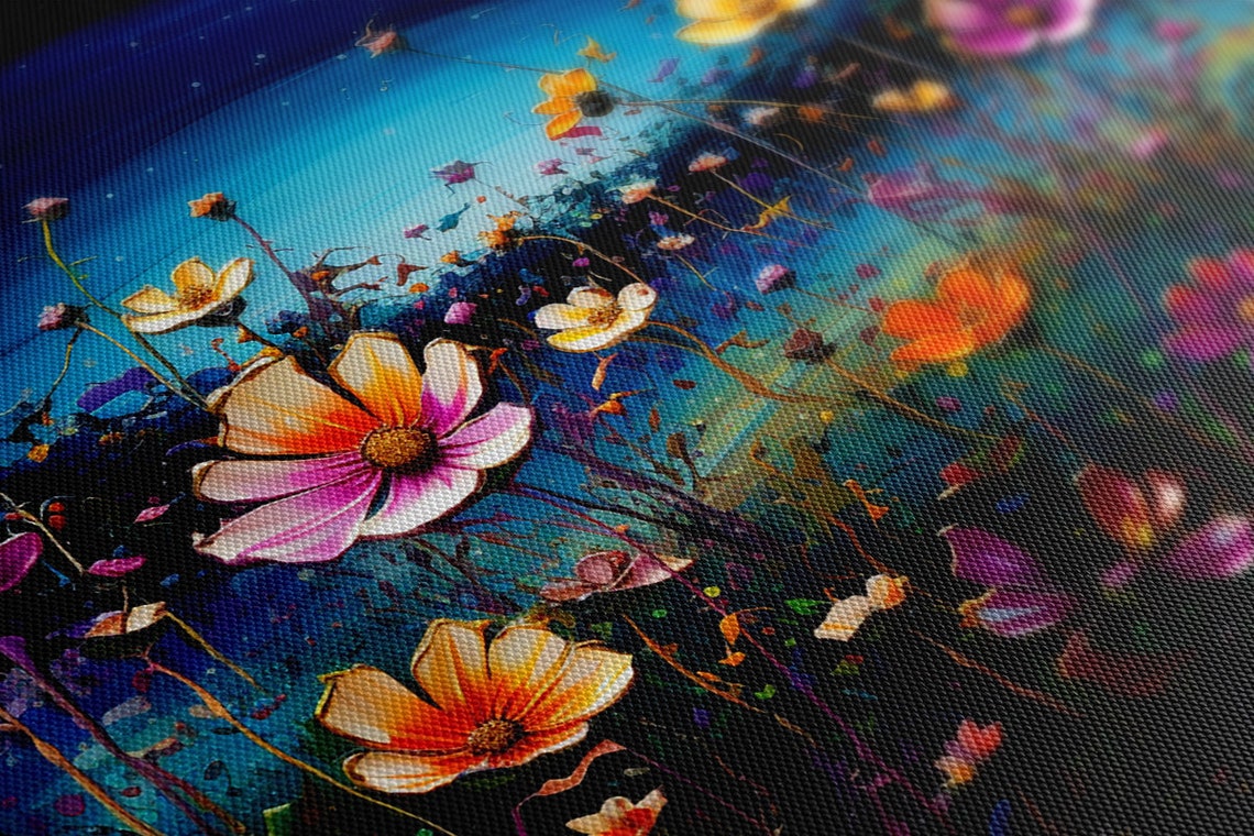 Cosmos Flower Field Starry Night Sky Oil Painting Floral Art Poster - Image 3