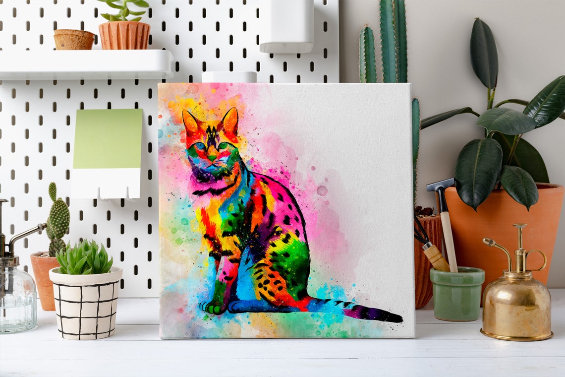 Bengal Cat Rainbow Watercolor Spotted Sitting Portrait Poster - Image 2
