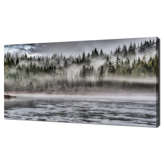 Lakeside Foggy Misty Morning Forest Modern Design Home Decor Print Wall Art Picture