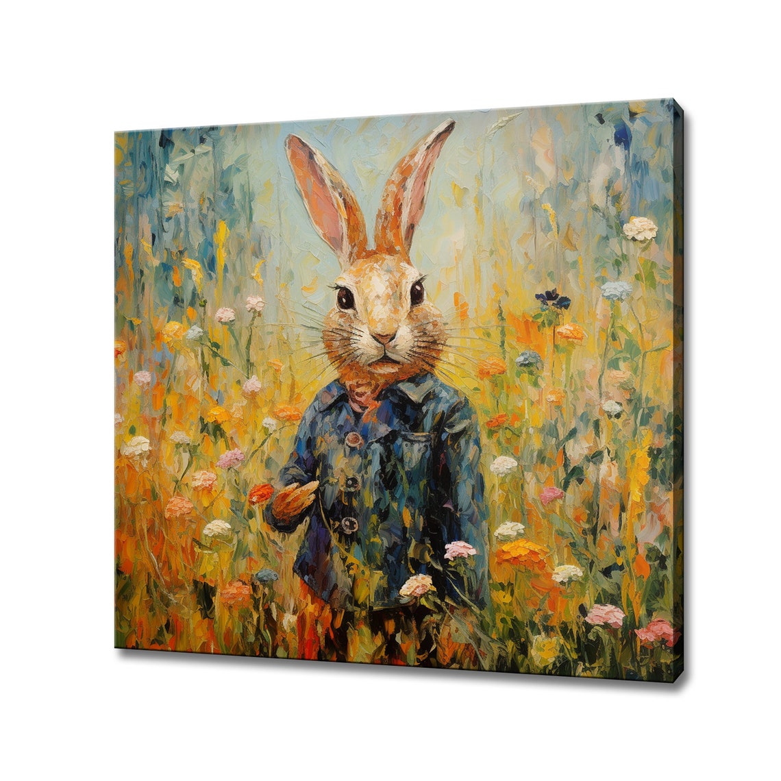 Rabbit In Denim Jacket Wildflower Meadow Cute Portrait Painting Poster