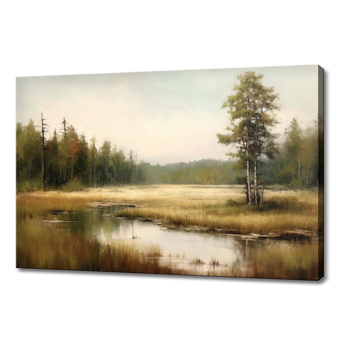 Birch Trees Misty Marsh Golden Reeds Pond Vintage Countryside Poster