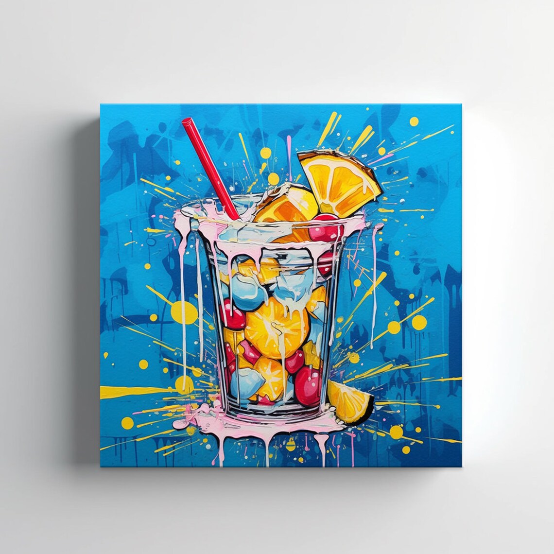 Colorful Fruity Cocktail Glass Pop Art Blue Bar Wall Decor Poster - Image 3