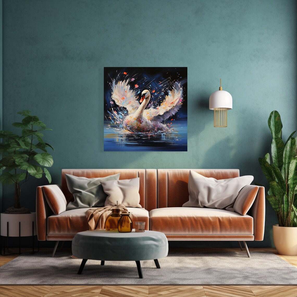 White Swan Wings Raised On Dark Water Moody Nightscape Lake Poster - Image 3