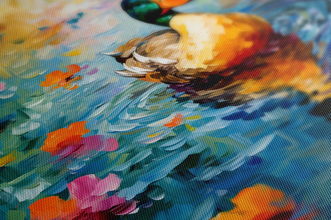 Mallard Drake Swimming Among Pink Water Lilies Painting Poster - Image 4