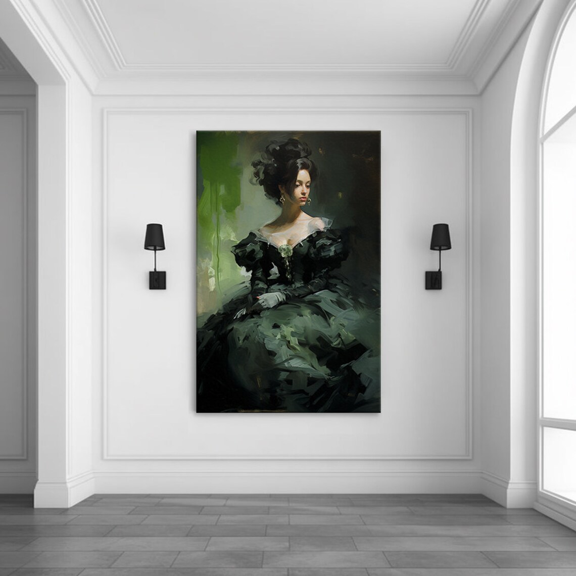 Elegant Lady in Forest Green Victorian Gown Moody Portrait Art Poster - Image 3