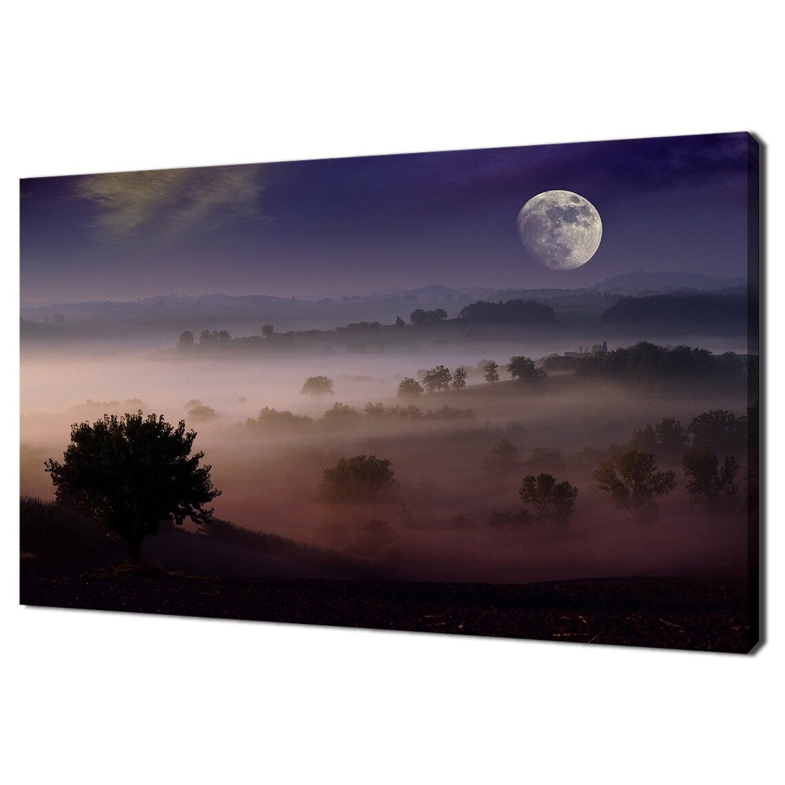 Misty Moonlit Night Foggy Hills Violet Sky Calm Landscape Poster