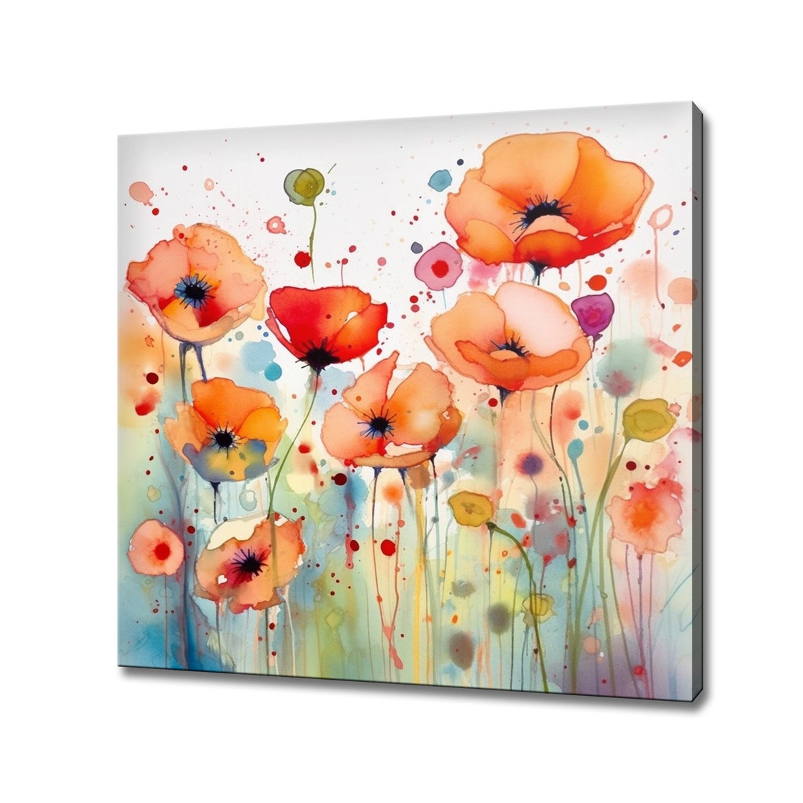 Orange Poppies Pastel Watercolor Splash Blooming Field Art Poster