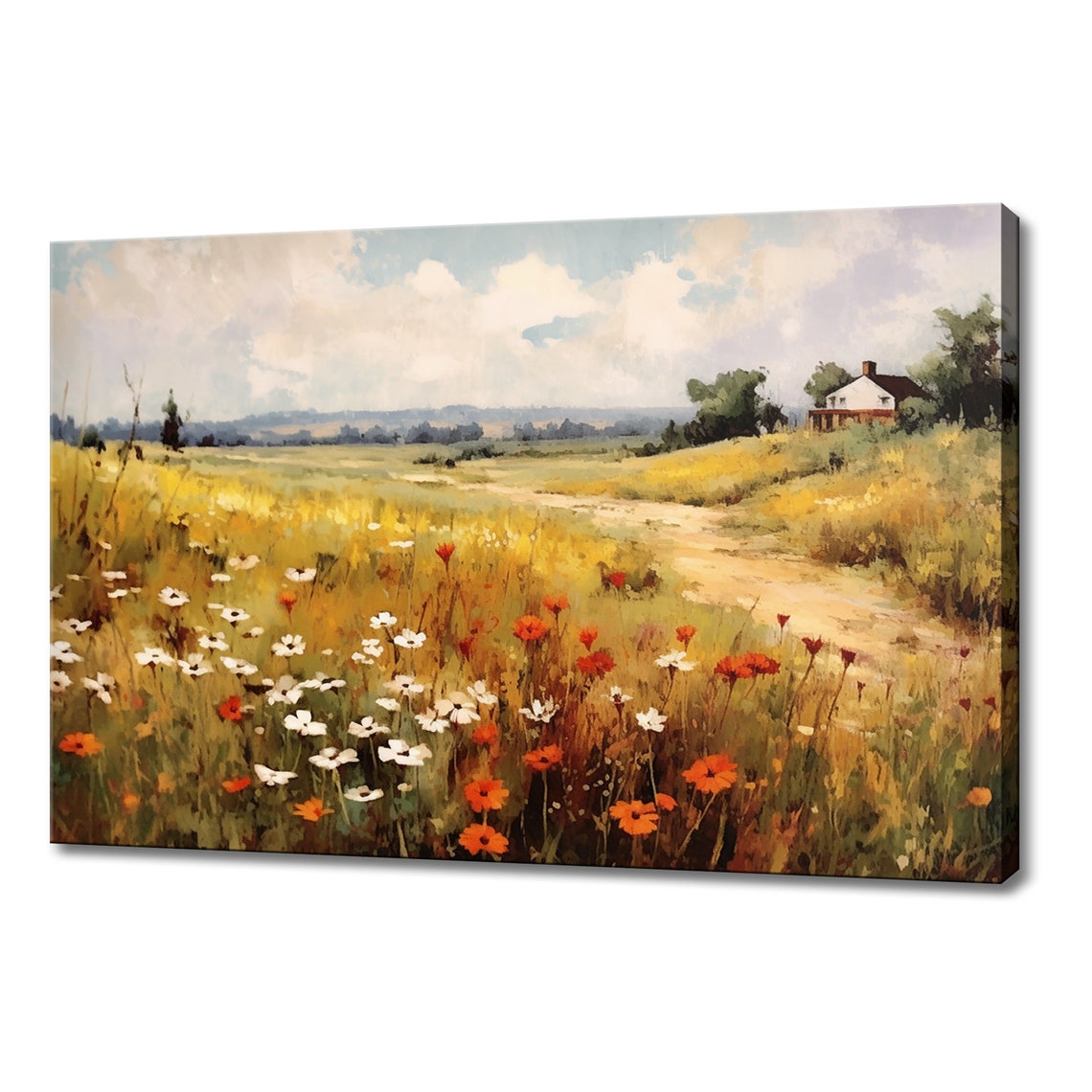Landscape Flowers Meadow Countryside Vintage Painting Style Print Farmhouse Decor Art Nature Picture Wall Hanging Fine Art Print