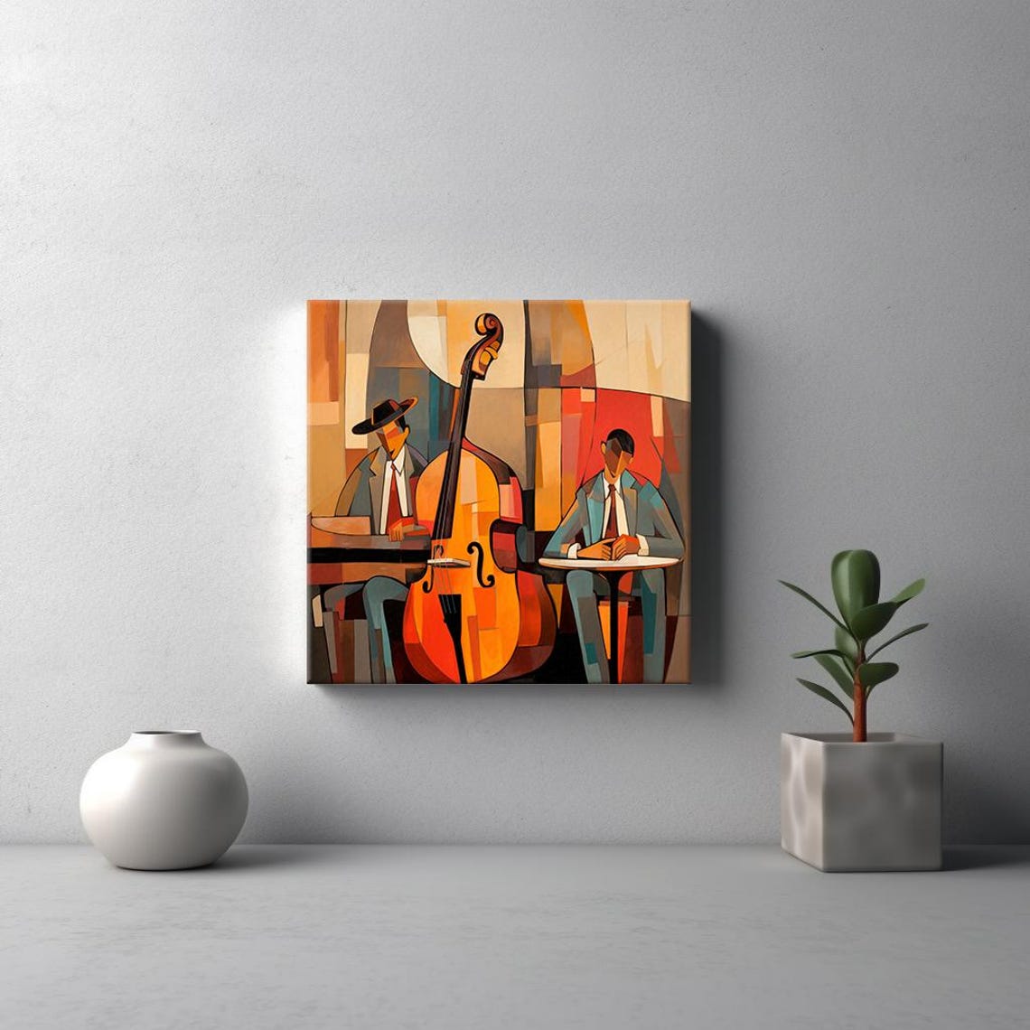 Double Bass Jazz Musicians Cubist Abstract Orange Red Music Art Poster - Image 3