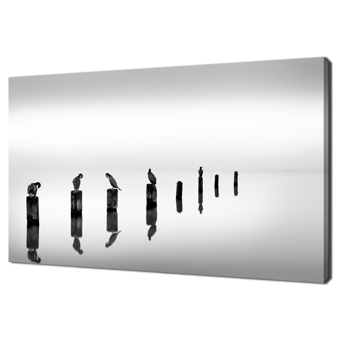 Black White Birds Wooden Posts Misty Water Minimalist Fine Art Print