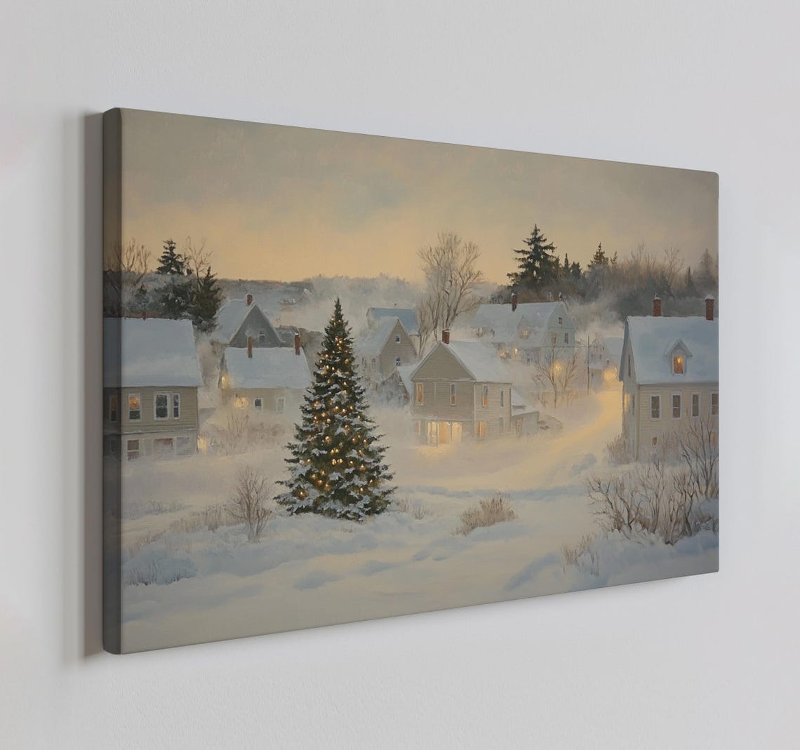 Little Snowy Christmas Village Vintage Painting Style Print Farmhouse Decor Art Nature Picture Wall Hanging Fine Art Print