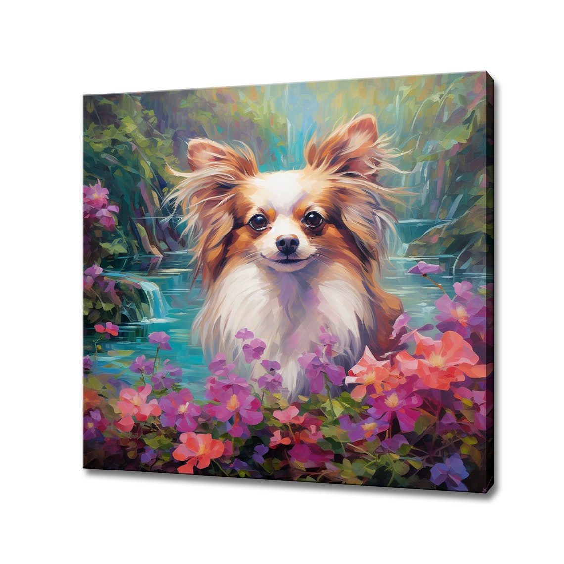 Long Haired Chihuahua Dog In Flowers By The Stream Portrait Poster