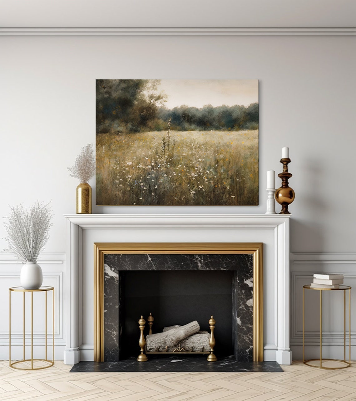 Wildflower Meadow With White Blooms Muted Countryside Landscape Poster - Image 3