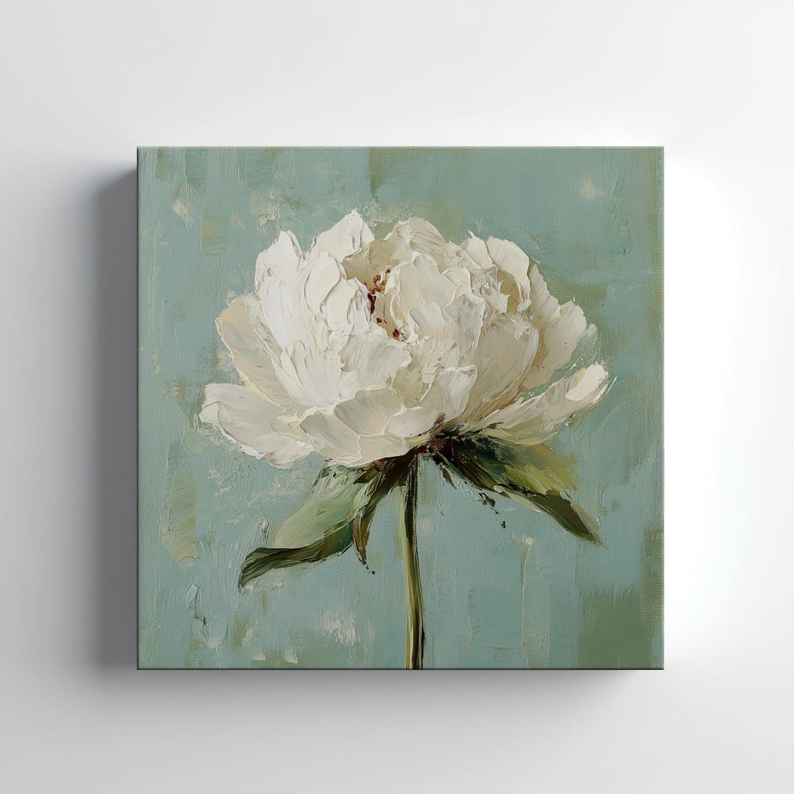 Single White Peony Bloom Sage Background Painterly Floral Art Poster