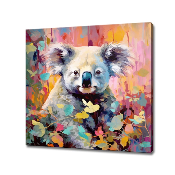 Colorful Koala Bear Portrait Painting Among Leaves Vibrant Animal Wall Print