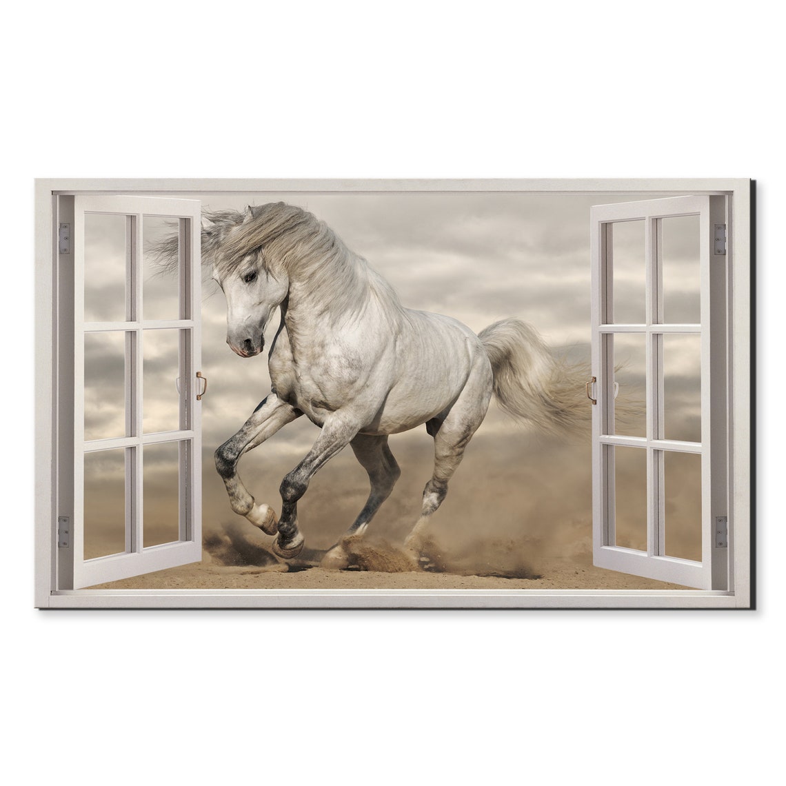 White Horse Galloping In Desert Dust Open Window View Art Poster