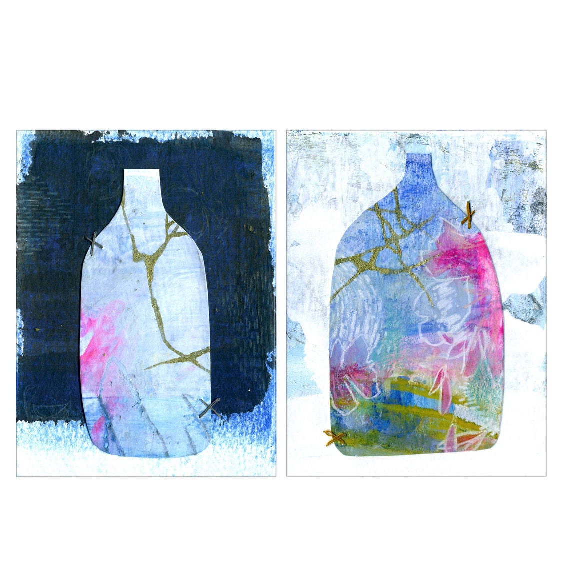 Abstract Blue Pink Painted Vases Diptych Modern Fine Art Wall Poster