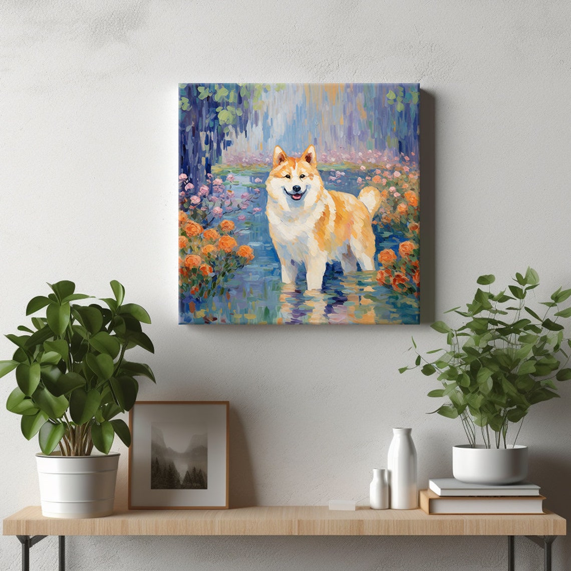 Akita Dog Portrait In Flower Pond Lily Pads Painterly Dog Poster - Image 3